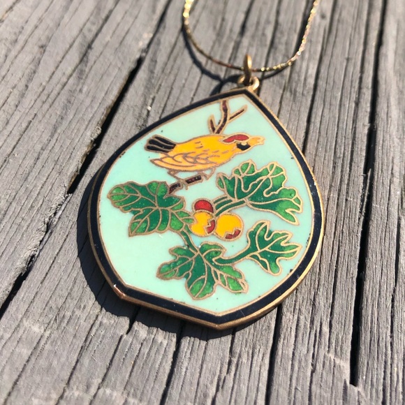 Vintage Jewelry - Vintage Cloisonné Enamel Bird Scene Necklace